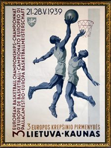Locandina (da cui venne poi ricavato un francobollo) del 3° Campionato Europeo di basket maschile, disputatosi a Kaunas (Lituania) dal 21 al 28 maggio 1939.